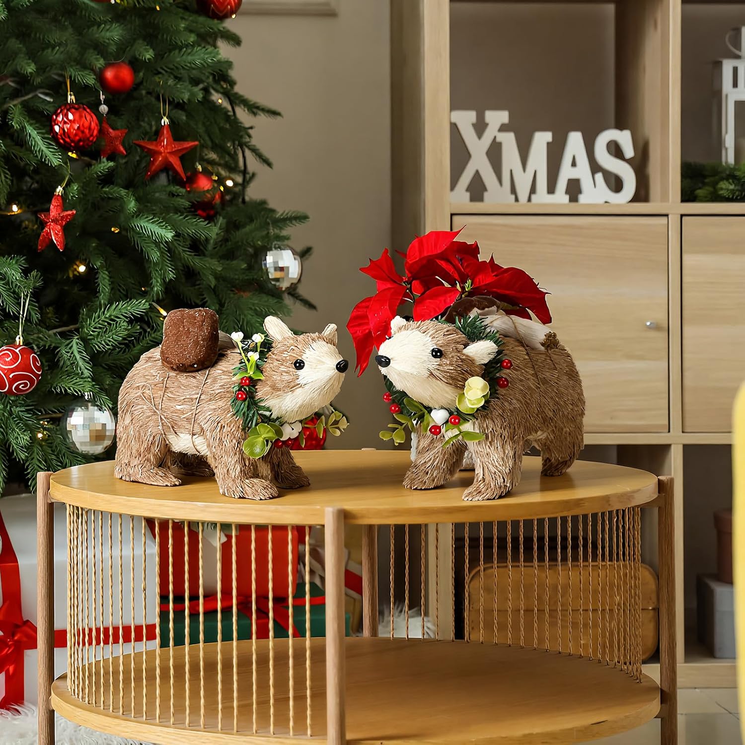 Chalyna 2 Pack Christmas Sisal Polar Bear Tabletop Decor, 9 x 6 In Polar Bear Figurine Woodland Christmas Decor Rustic Farmhouse Animals Ornament for Home Table Office Forest Mantle Seasonal Xmas Gift