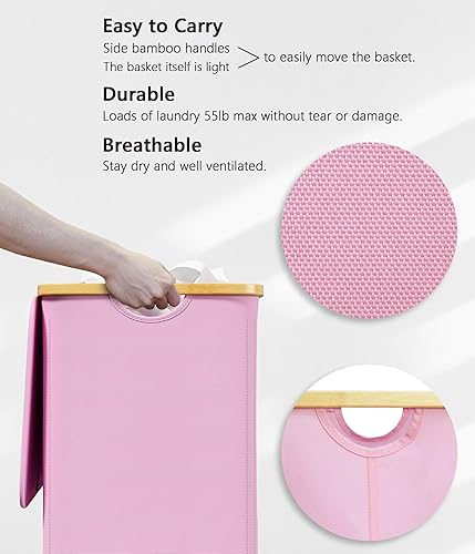 Miniatura 7 de SUOCO Cesta de lavandería con tapa, cesta de ropa de 29 galones (110 litros) con asas de bambú, cesta grande plegable para la ropa sucia para