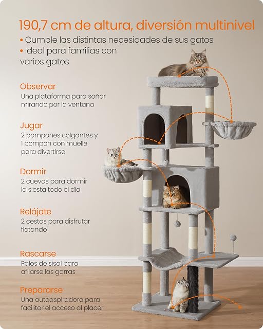 Foto 4 de 8 de Feandrea Árbol Grande para Gatos, Torre para Arañar de 190,7 cm de Altura, Multinivel con 2 Cuevas, 2 Cestas