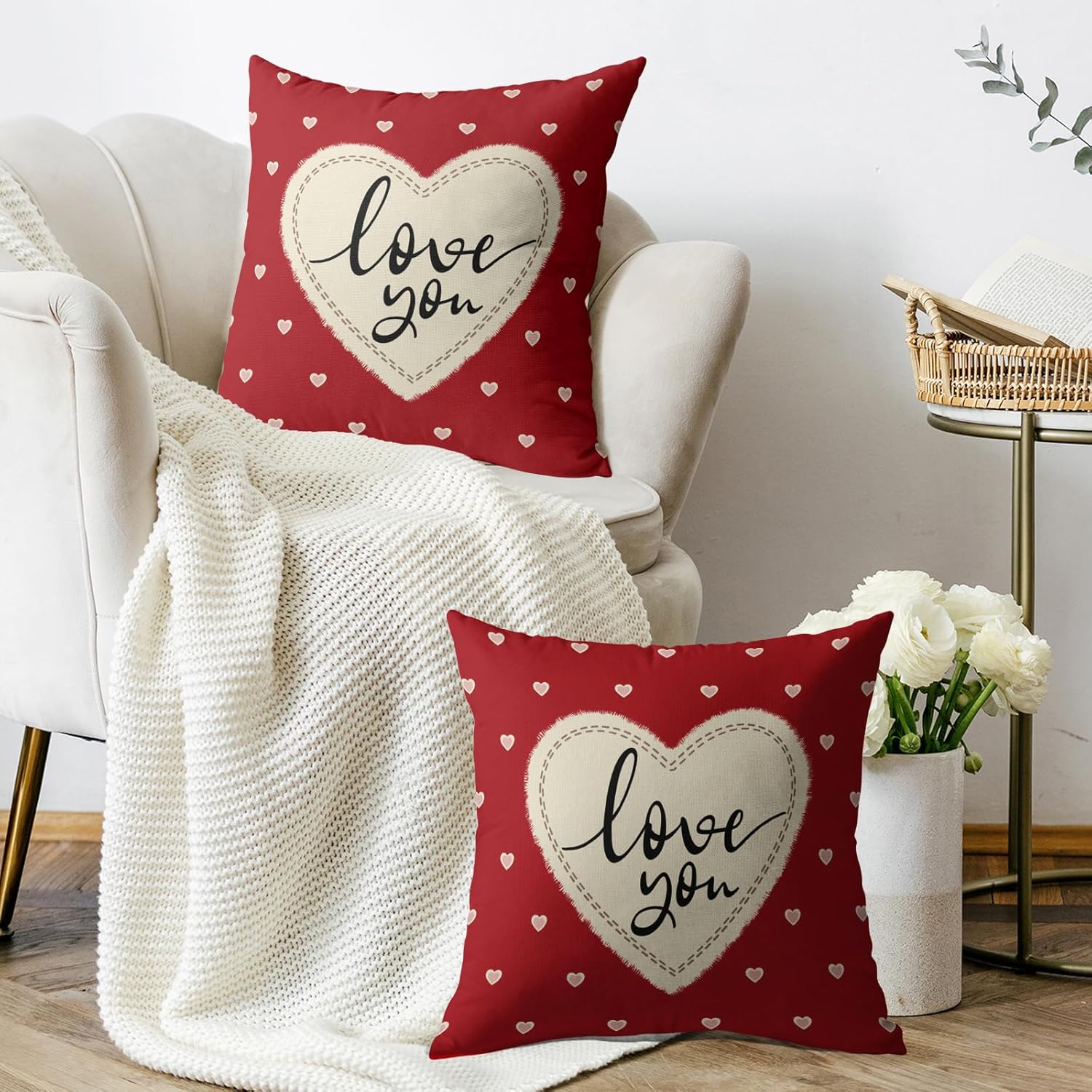 Valentines Day Pillow Covers 18X18 Set of 2, Red Cream Heart Print Love You Valentines Holiday Throw Pillowcases Anniversary Decorative Outdoor Farmhouse Cushion Cases Couch Sofa Bed Decor - Image 3