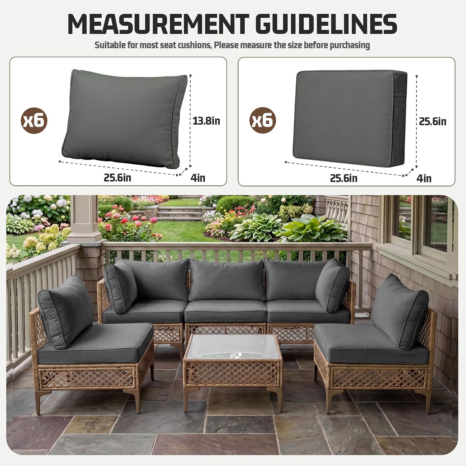 12pcs outdoor patio cushion covers replacement, 25.6" zippered outdoor cushion covers waterproof, uv resistant & washable patio furniture cushion covers waterproof for patio sectional, lght grayi