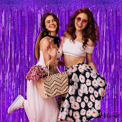 Miniatura 7 de Paquete de 4 cortinas de fondo de flecos morados de 3.2 x 8.2 pies, fondo de flecos metálicos brillantes para cabina de fotos, cumpleaños, boda,