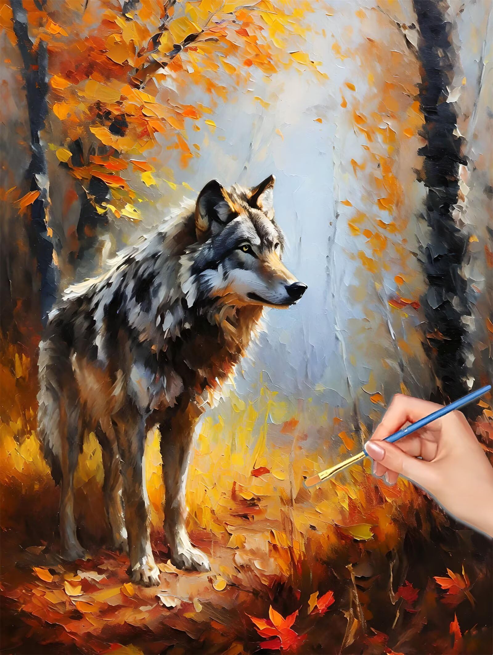 Malowanie według liczb dla dorosłych, 90 x 120 cm zestaw do malowania po numerach jesień dla dorosłych początkujących, Paint by Numbers wilk z akrylowymi pędzlami do rysowania pigmentu, dekoracja domu