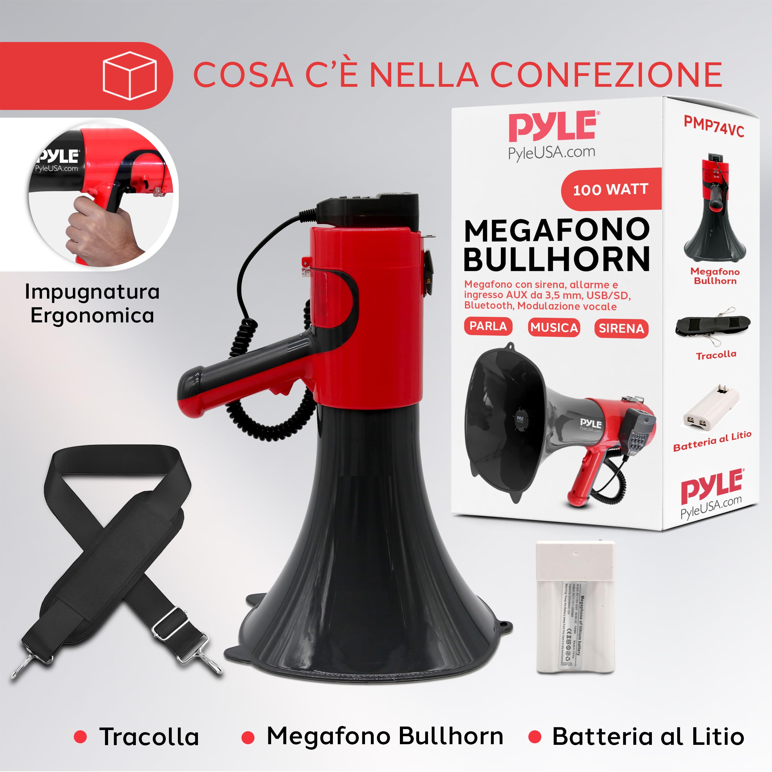 Pyle Megafono Portatile Bluetooth 100 Watt, 1370 m, Megafono con Sirena e Cambio Voce, Controlli Regolabili, Ideale per Sport, Sicurezza, Calcio, Basket, Baseball, Polizia