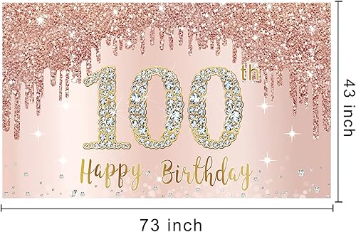 Miniatura 2 de Cartel de feliz cumpleaños número 100 para mujer, decoración de fondo de oro rosa para fiesta de cumpleaños número 100, póster rosa de cumpleaños