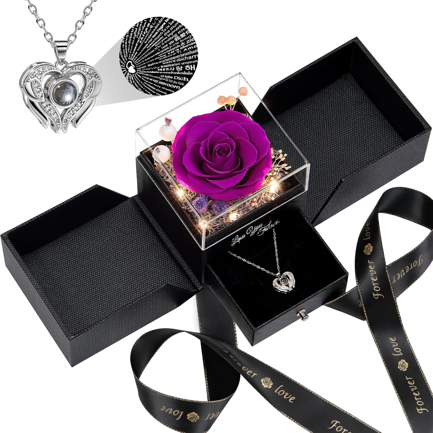 FIACO Valentines Day Rose Gifts for Her Preserved Real Flowers with I Love You Necklace Fresh Forever Flower Birthday for Women Girlfriend Wife Mom Grandma Romantic Eternal Roses