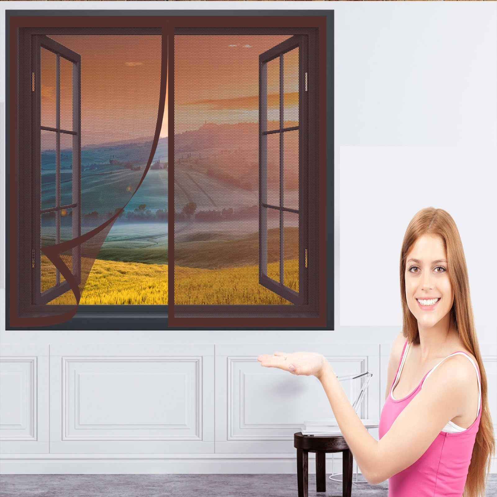 Magnetic Fly Screen Door 108 x 162 cm Automatic Roll-Up Fly Curtain for Window and Door, Brown