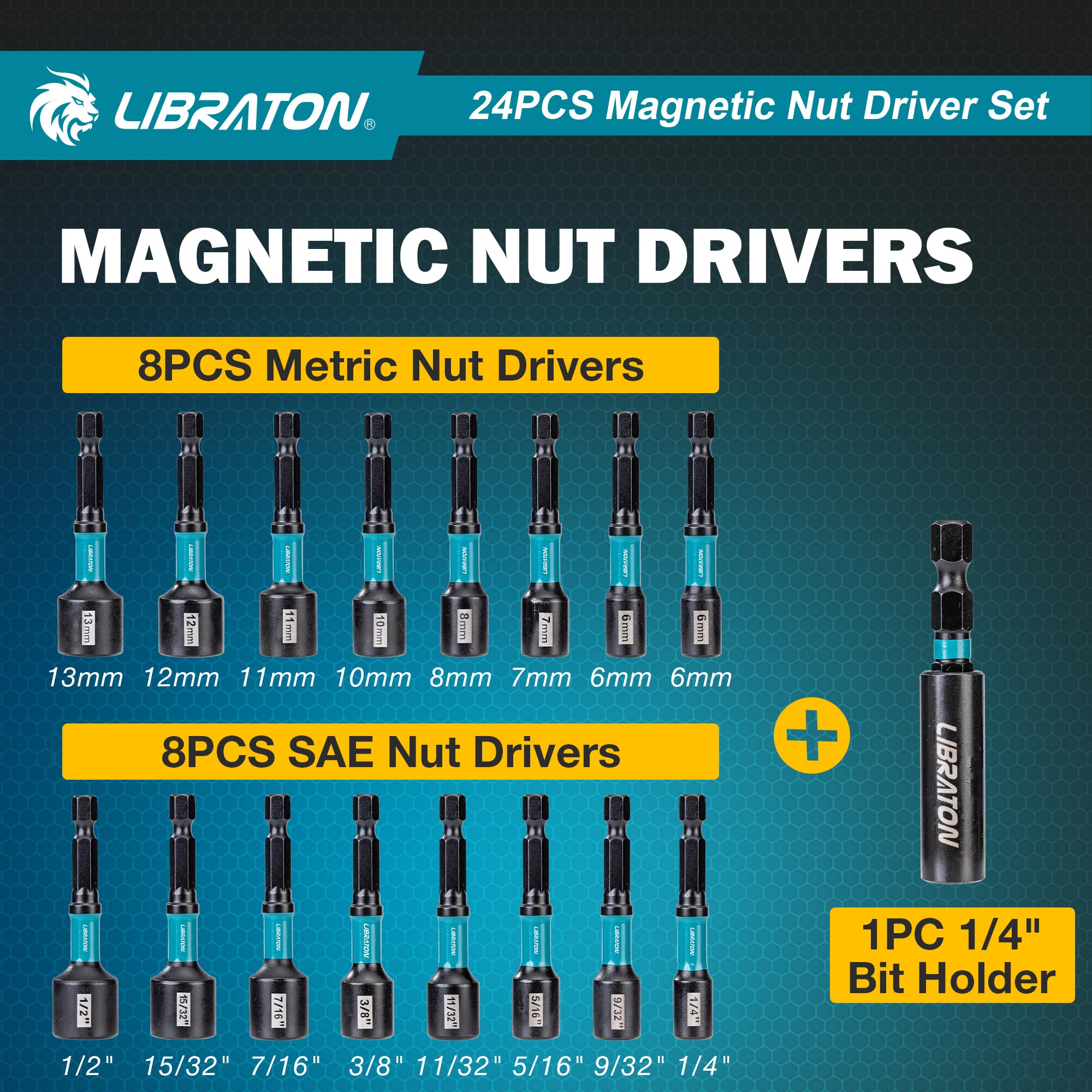 LIBRATON 24PCS Magnetic Nut Driver Set, Impact Drill Driver Bit Set 1/4" - Image 2
