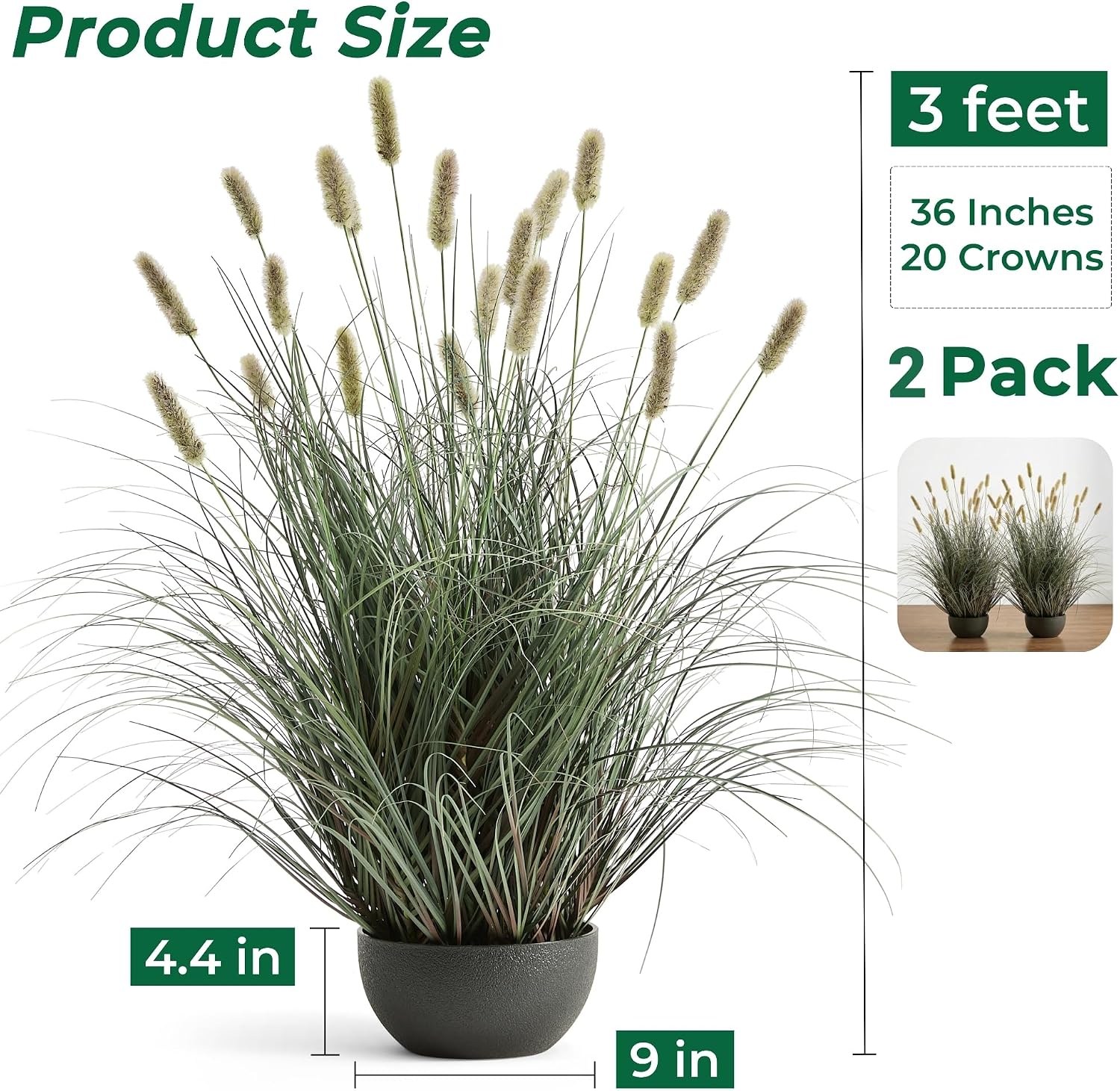 3ft Onion Grass Set of 2, Artificial Plant and Greenery, Fake Floor Plants Indoor Outdoor, Potted Faux Green Bristlegrass with Spikes, Large Size Horsetail Reed Grass, House Decorative