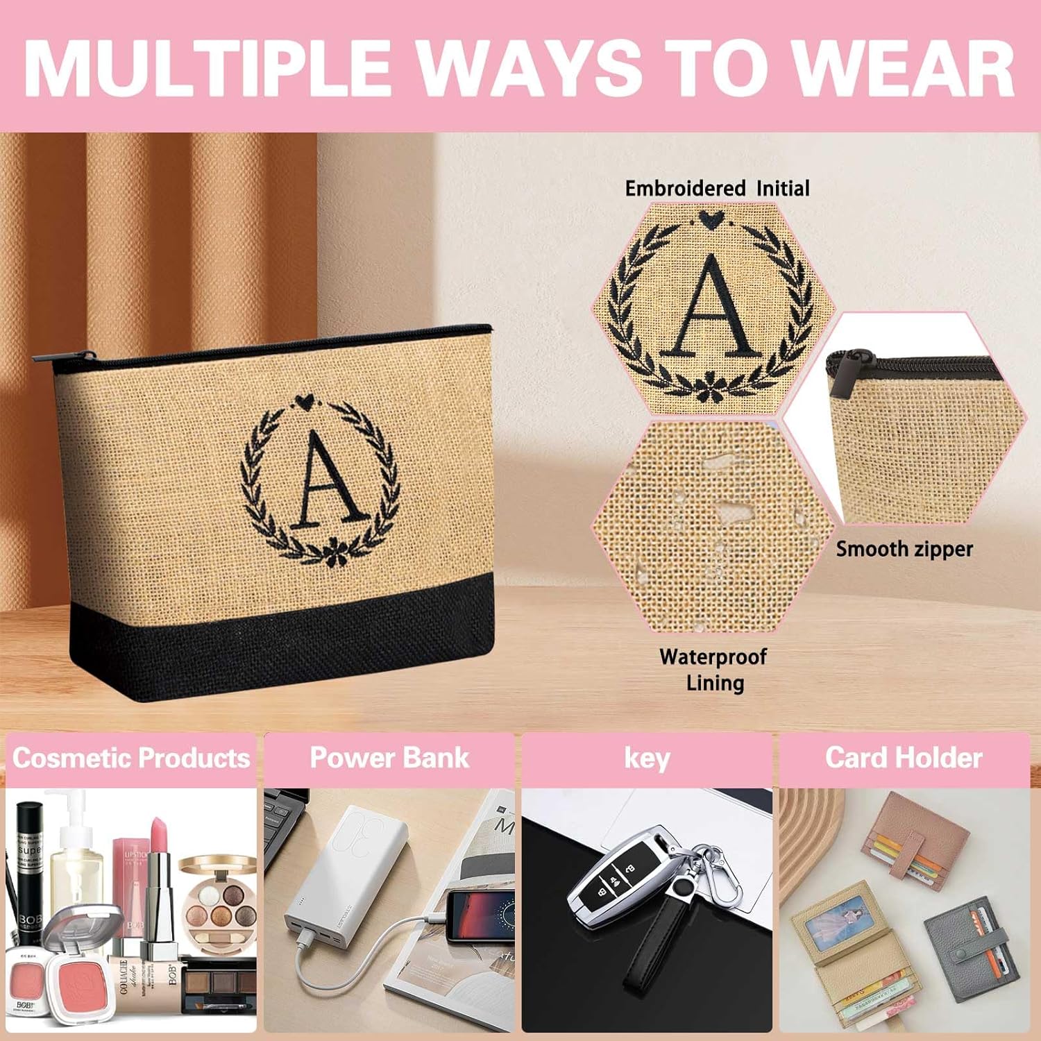 GhvyenntteS Gifts for Women - Initial Jute Tote Bag & Makeup Bag, Valentines Day Gifts for Her Teacher Mom Wife Friend Birthday