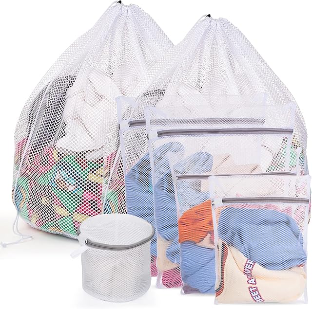 7Pcs Mesh Laundry Bags with Zips, 5 Sizes Reusable and Durable Washing Machine Wash Bags for Delicates Blouse, Hosiery, Underwear, Bra, Lingerie Baby Clothes, Toy Storage, Dorm Organizer