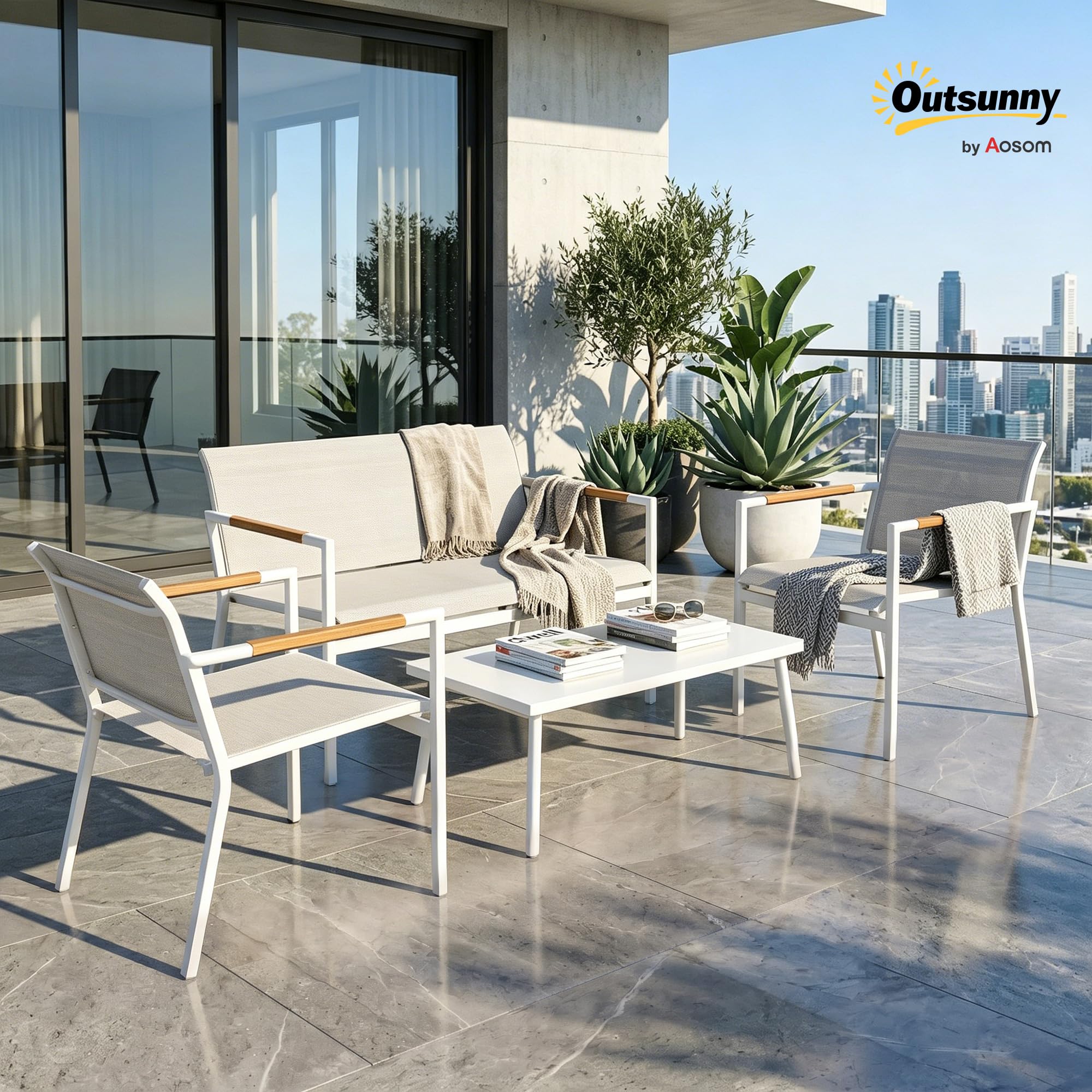 Outsunny Salon de Jardin 4 Pièces en Textilène, Canapé 2 Places, 2 Fauteuils, Table Basse avec Plateau en Métal, Ensemble de Mobilier de Jardin pour Balcon Terrasse, Crème