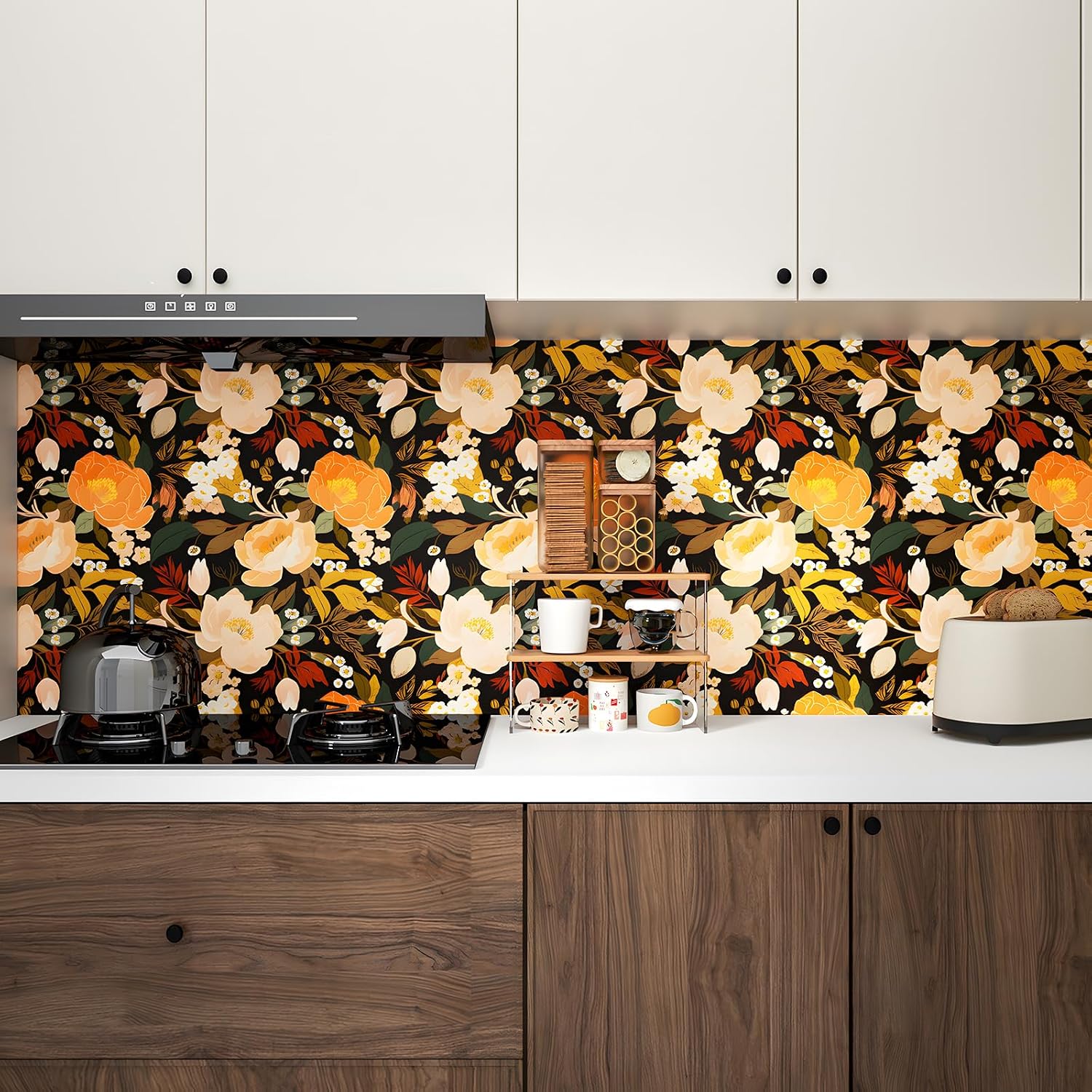 Vintage Floral Peel and Stick Wallpaper Boho Leaf Contact Paper Vinyl Self Adhesive Modern Dark Floral Mural Wall Paper for Walls Shelf Liner Cabinets 17.5in x 9.8ft