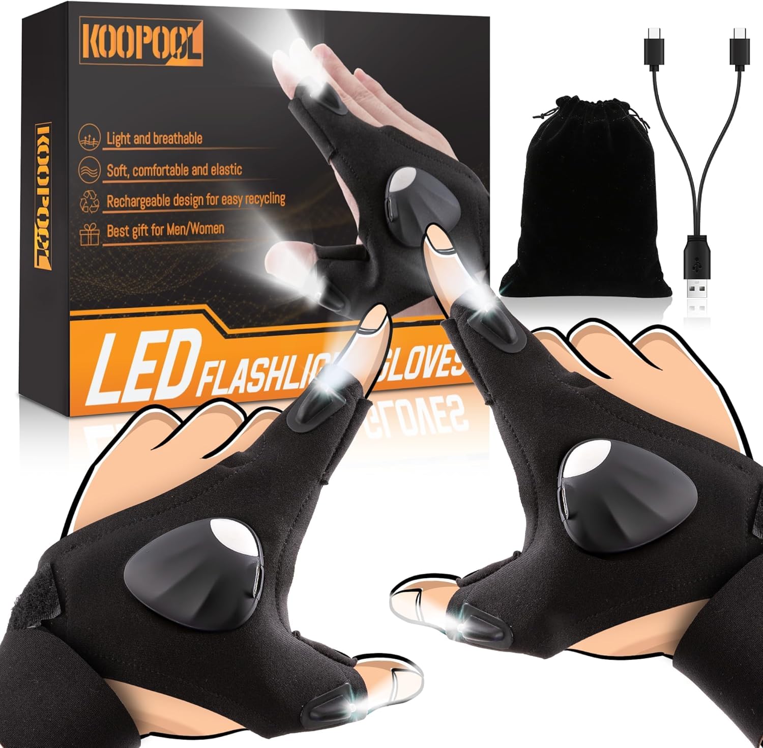 Magnetic Pickup Tool Set LED Gloves, Cool Gadgets for Men, Gifts for Dad, Husband, Kids, Boyfriend, Christmas Gifts for Men Who Have Everything, Cool Gadgets for Fishing, Hunting, Camping, Techies