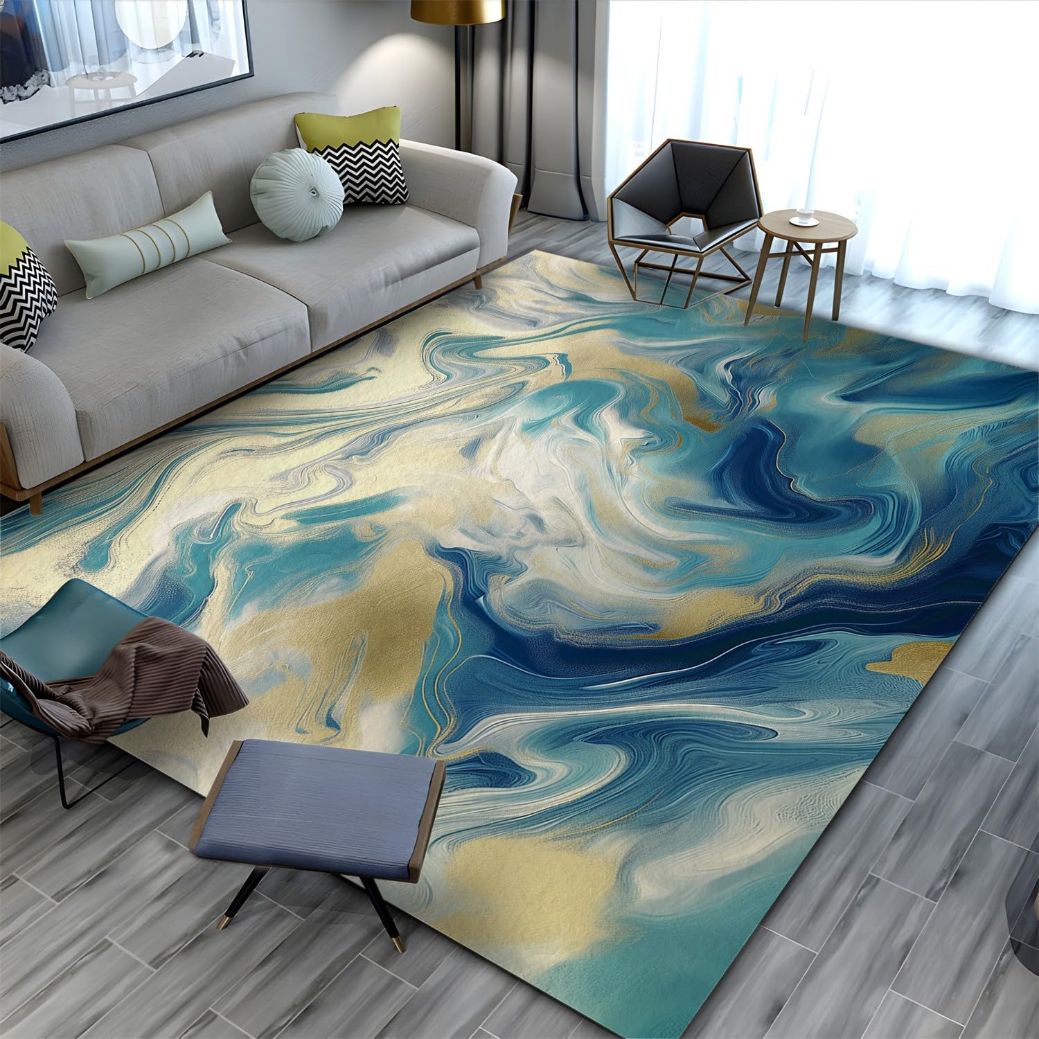 Luxury Area Rugs, Blue Gold Textured Marble Kids Rug for Room Sofa Living Room Mat Bedroom Kitchen Home Decor Floor Mats, 4 x 6 ft
