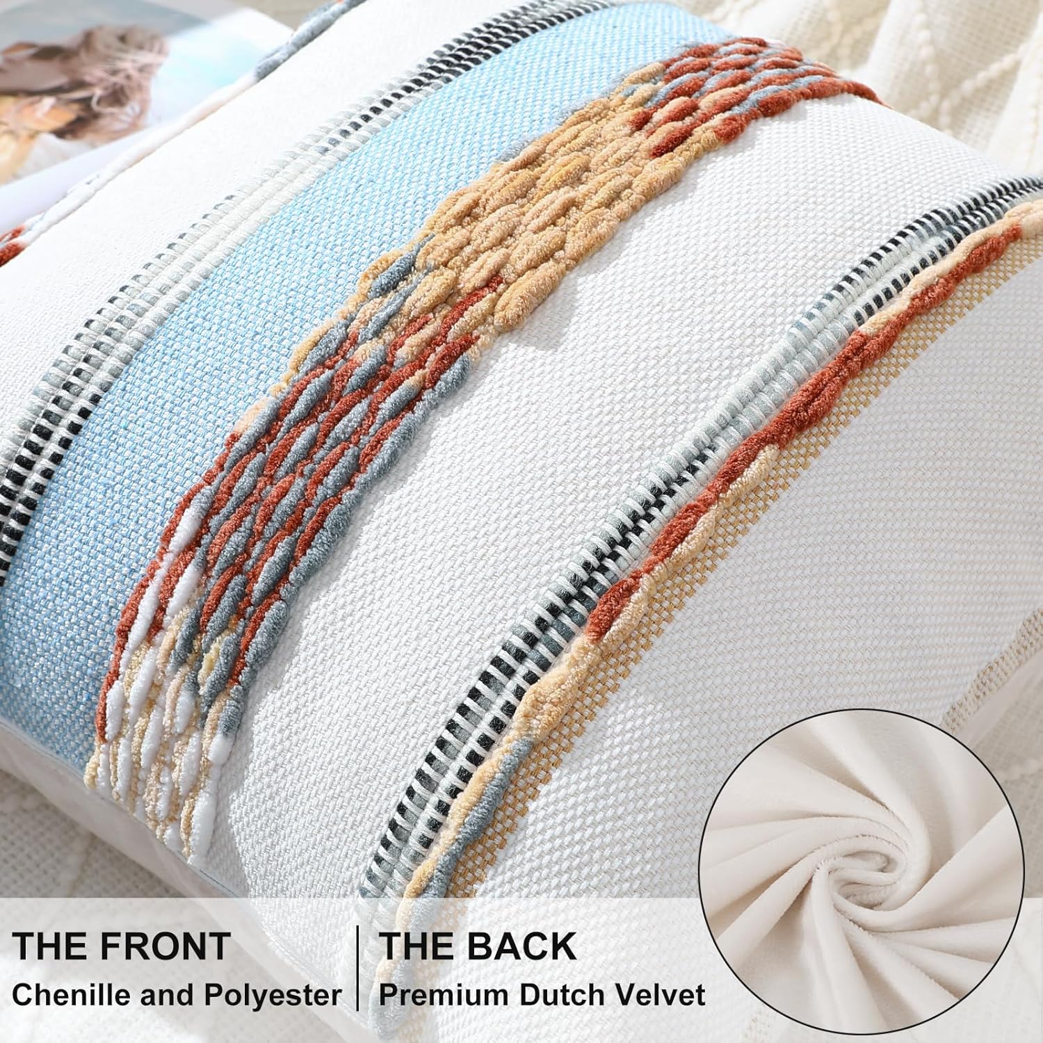 decorUhome Boho Decorative Throw Pillow Covers 18x18 Set of 2, Striped Chenille Tufted Pillow Covers with Tassels for Couch Bed Sofa, Cream White and Light Blue - Image 2