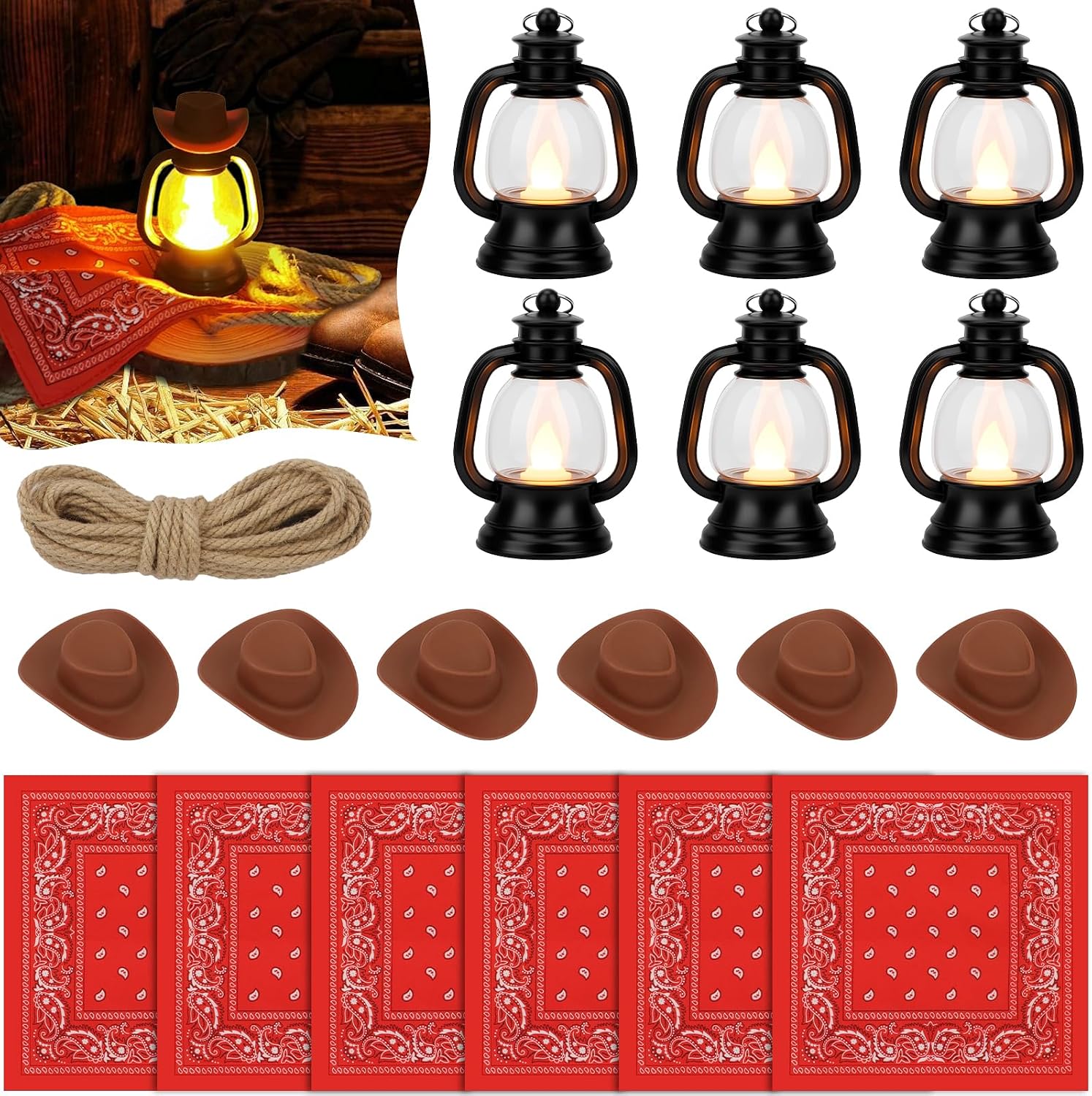 MOTOTO 12 Set Western Theme Party Centerpieces Western Party Decor Include 12 Mini Lantern 12 Mini Cowboy Hats 12 Mini Bandannas 1 Jute Rope for Wedding Birthday Western Cowboy Party Decor, 12 Sets