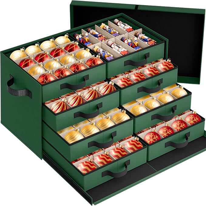 Christmas Ornament Storage Box - Ultra Large Drawer Ornament Organizer with 8 Separate Trays & Adjustable Dividers, Portable Ornaments Box with Cover & Handle for Holiday Decorations(Green)