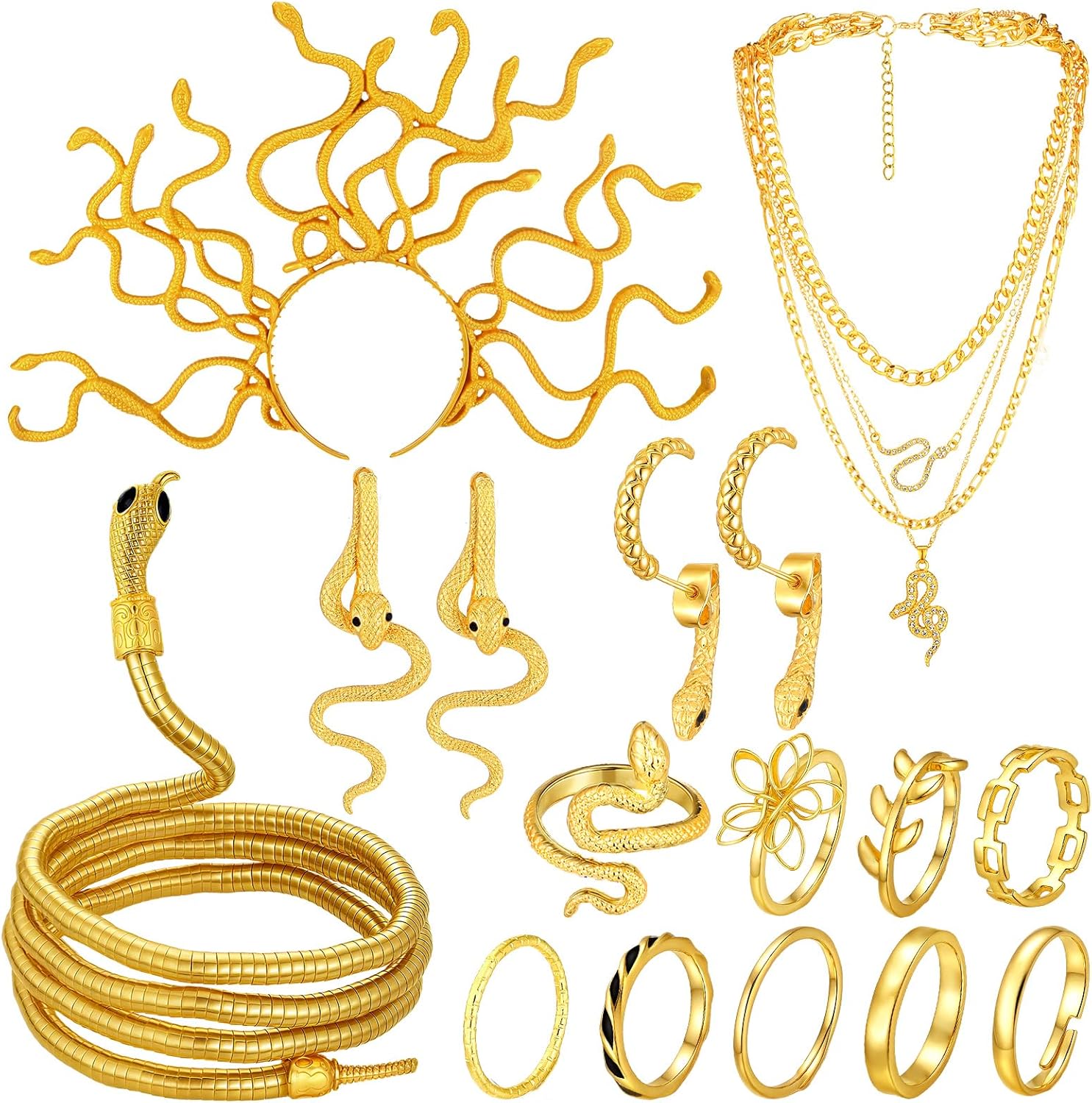 Tondiamo 14 Pcs Halloween Medusa Snake Jewelry Set Bracelet Headband Earrings Rings Necklace for Women Costume Party Supplies