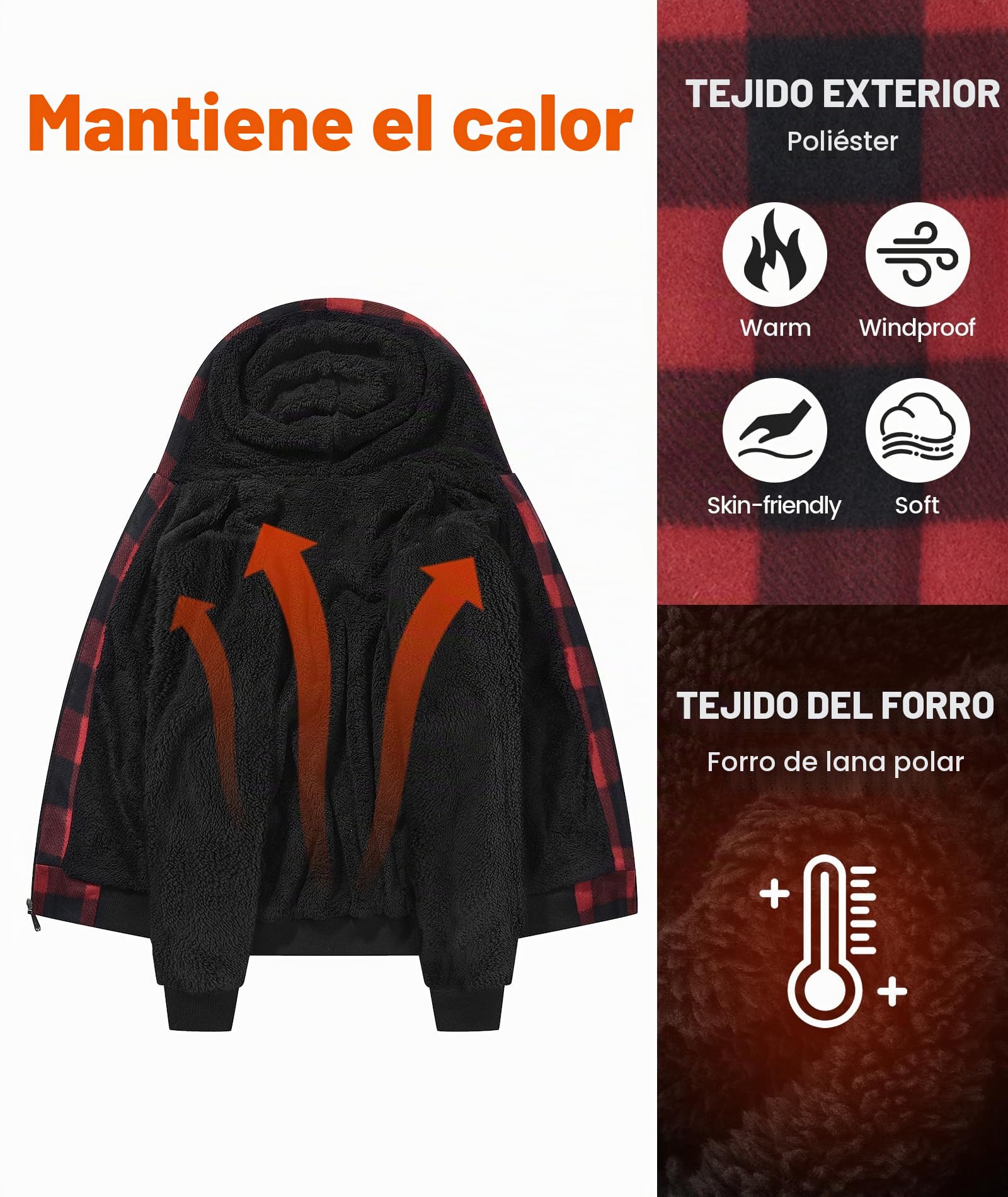 geeksport Sudadera Cuadros Hombre con Capucha Franela de Invierno Cálido Sudaderas Hombres Cremallera Forro Polar Hoodie