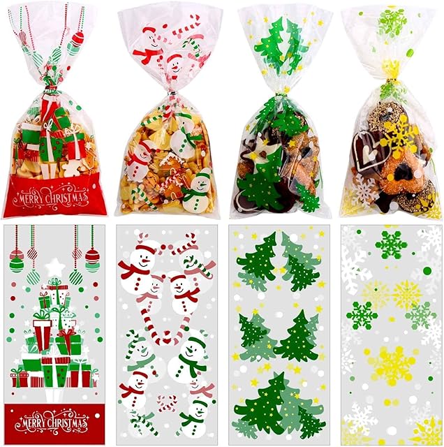 DIYASY 120 Christmas Cellophane Bags, Christmas Cone Cellophane Gift Treat Candy Sweet Bags With 160 Twist Ties for Christmas Party Favor