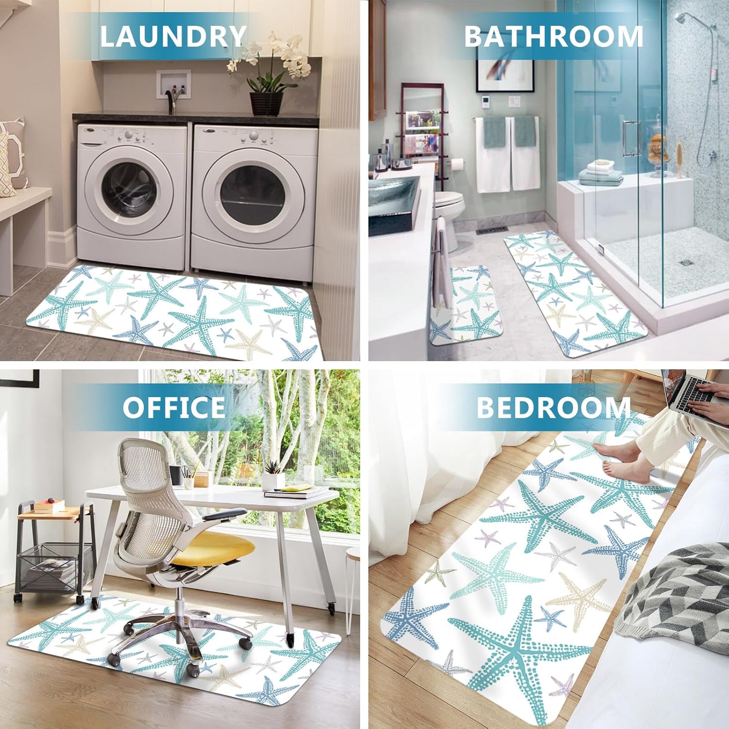 Coastal Sage Green Starfish Kitchen Mats Set of 2 Nautical Minimalist Ocean Summer Non Slip Mat Washable Floor Rug for Kitchen Sink Floor Laundry, 20"x24"+20"x48"