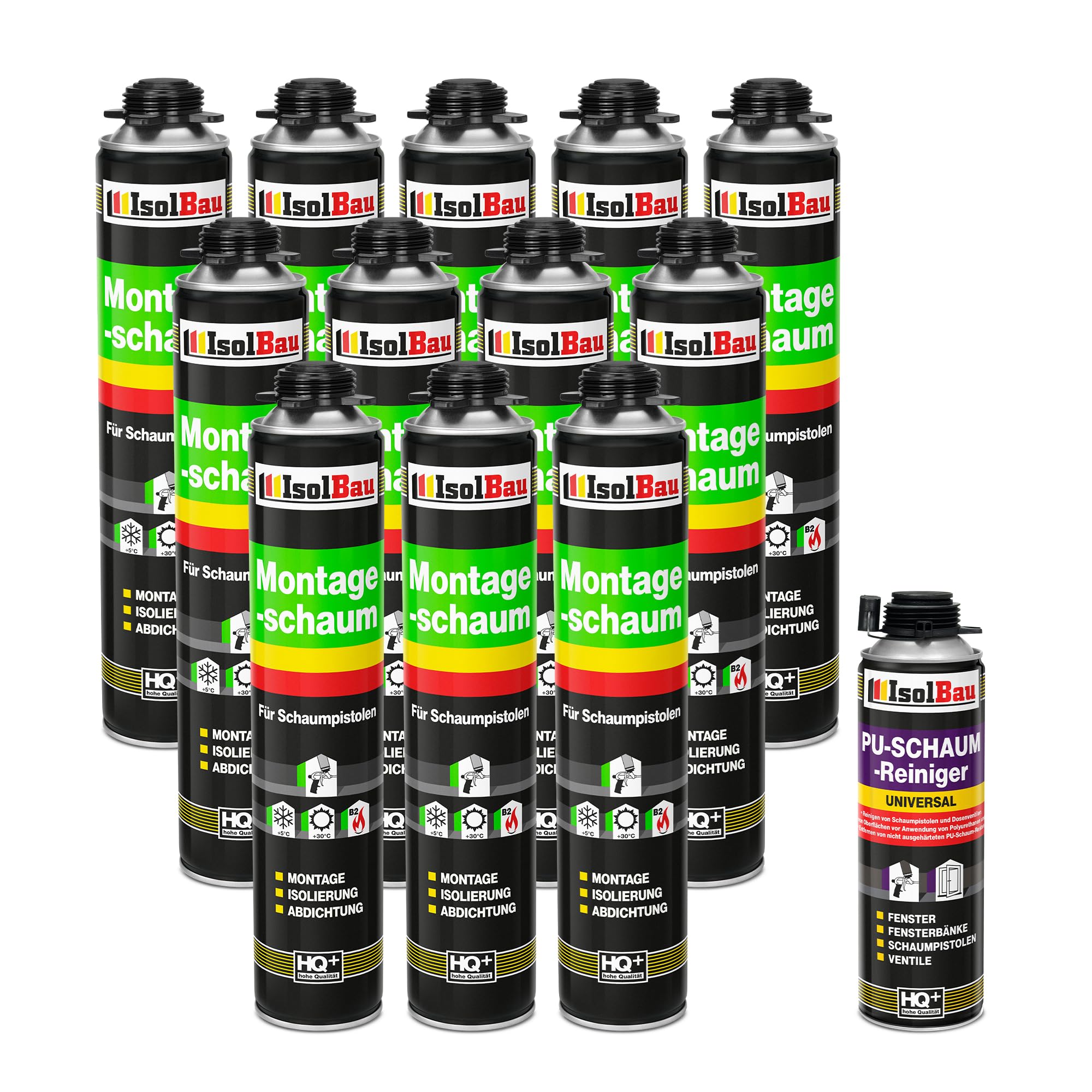 Isolbau Bauschaum-Set - Inkl. 12 x 1K Montageschaum B2 Pistolenschaum mit hervorragender Schall und Wärmedämmung (je 750 ml) & 1 x PU-Schaum-Reiniger (500 ml), Dämmen