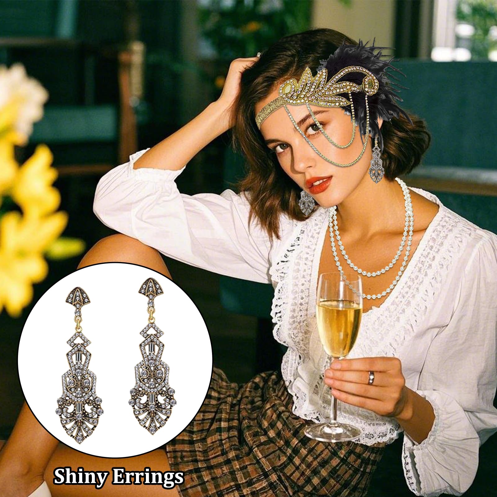 1920s Accessories Women,Great Gatsby Women's Accessories Vintage Set Includes Long Gloves,Earrings,Pearl Necklace,Feather Gold Headband,Smoking Pipe,Flapper Accessories Perfect for Masquerade Party - Image 4