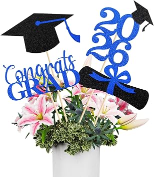 Graduation Decorations 2026, 16 PCS Black Blue Graduation Centerpieces for Tables, Double-Sided Table Toppers Centerpieces, Class of 2026 Grad Party Decorations 2026