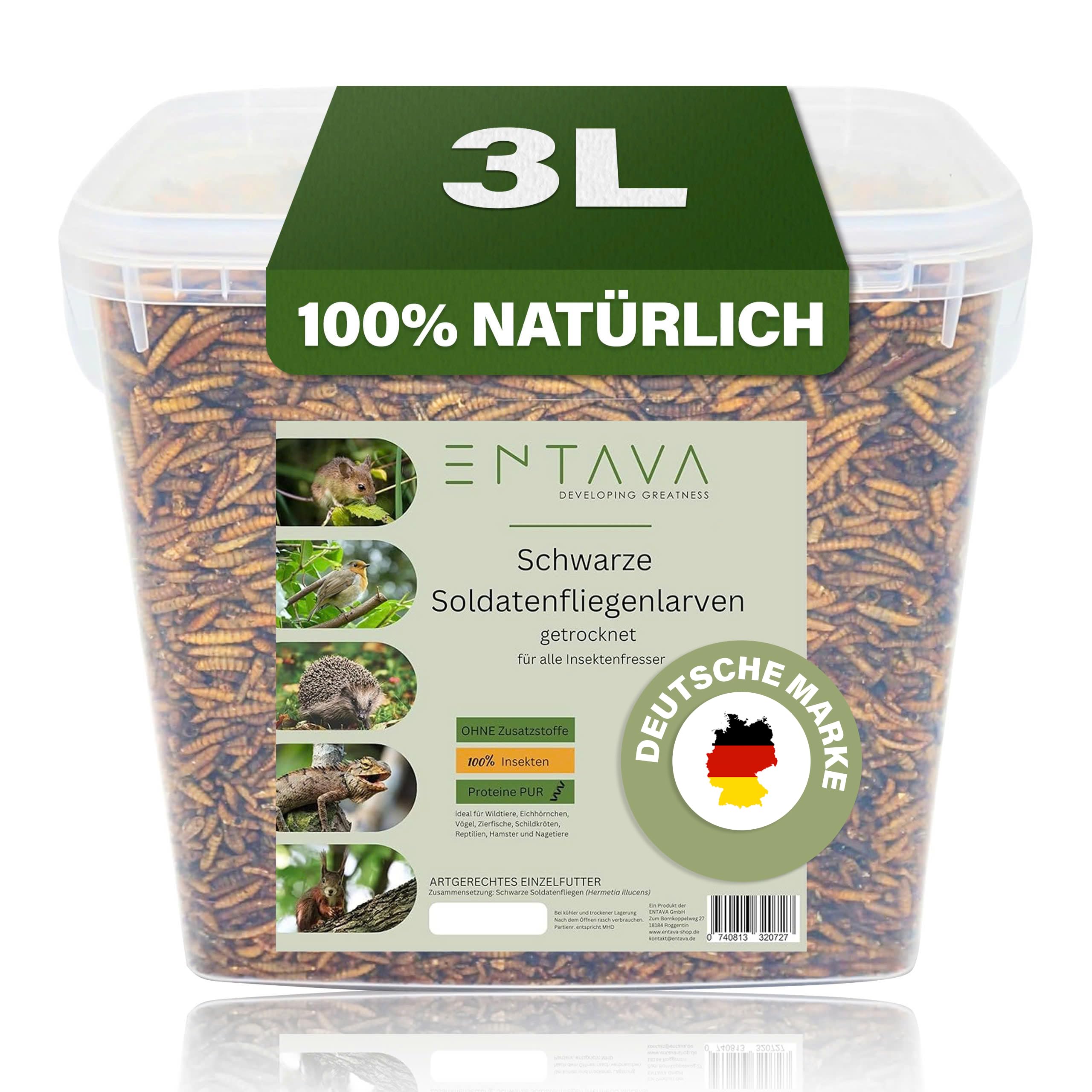ENTAVA Soldatenfliegenlarven getrocknet 3l (400g) - Getrocknete Insekten in Premium-Qualität, Soldatenfliegen für Vögel, Amselfutter, Koifutter, Igelfutter, Eichhörnchenfutter, Futter für Wildvögel
