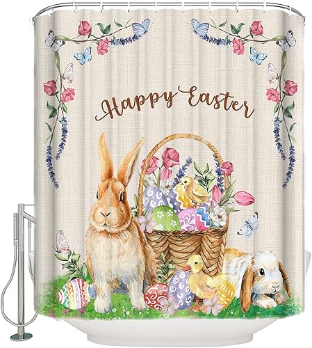 Miniatura 2 de QueenKer Cortina de ducha con diseño de huevos de Pascua flores de conejo textura retro impermeable juego de cortina de ducha con 12 ganchos de