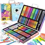 Art Set, 180 Piece Drawing Painting Art Kit, Art Supplies Case with Drawing Clipboard, Coloring Papers, Drawing Papers, Oil Pastels, Crayons, Colored Pencils, Watercolor Cakes, Gifts for Kids