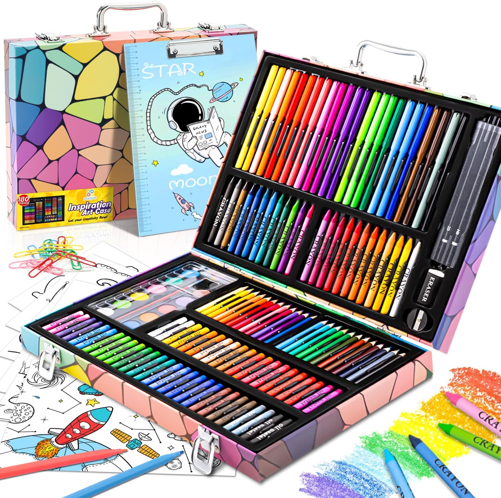 Art Supplies, Deluxe Drawing Painting Set for Kids Girls Boys Teens, Coloring Art Kit Gift Case with Clipboard, Coloring Papers, Oil Pastels, Crayons, Colored Pencils, Watercolor Cakes, Markers