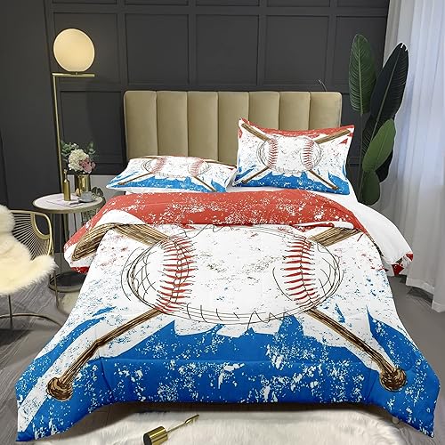 Bodhi Juego de edredón de béisbol para niños y niños, juego de ropa de cama deportiva azul con fundas de almohada