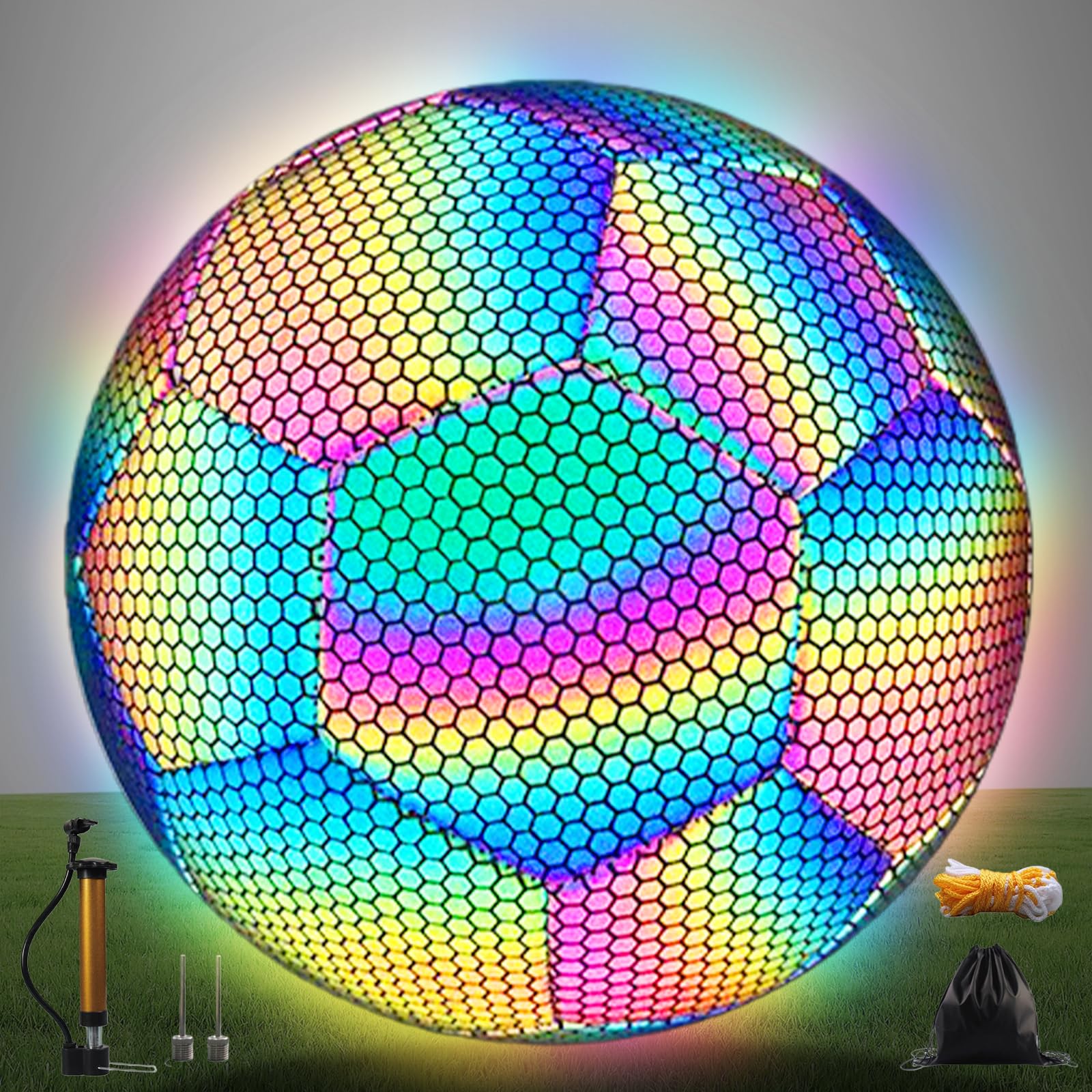 Ballon de football lumineux taille 5 - Ballon de football lumineux avec pompe - Sac de rangement - Holographique phosphorescent dans l'obscurité - Ballon de football réfléchissant pour jeux de nuit