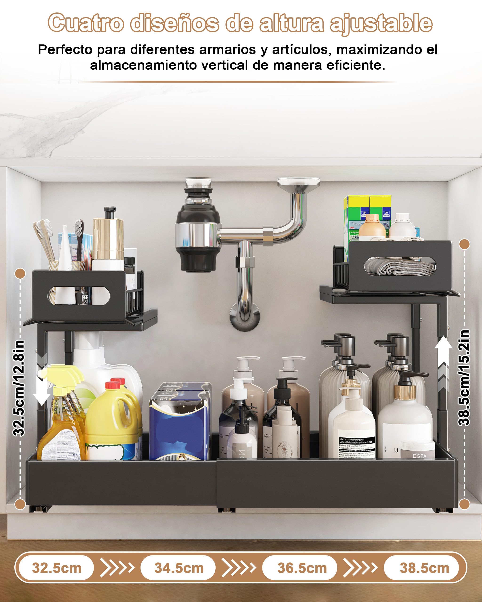 Cajón extraíble Ampliable de Doble Capa, Organizador de Armario extraíble con cajones extraíbles, Altura Ajustable, cajón telescópico extraíble, Negro