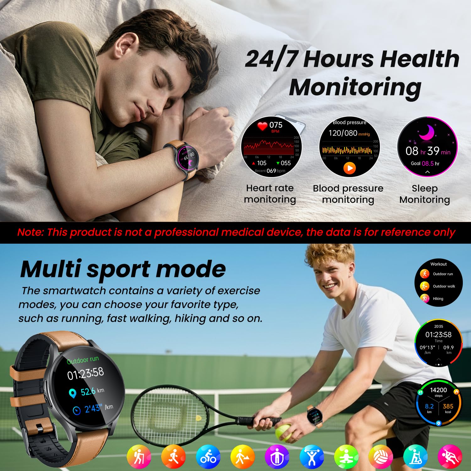 Smartwatch Herren mit EKG 𝐇𝐑𝐕 Blutdruck: Smart Watch Uhr 1,43" Rund AMOLED Schwarz Lederarmband ECG Armbanduhr Wasserdicht Herzfrequenz Schlafen Schrittzähler Telefonfunktion Fitnessuhr Android iOS
