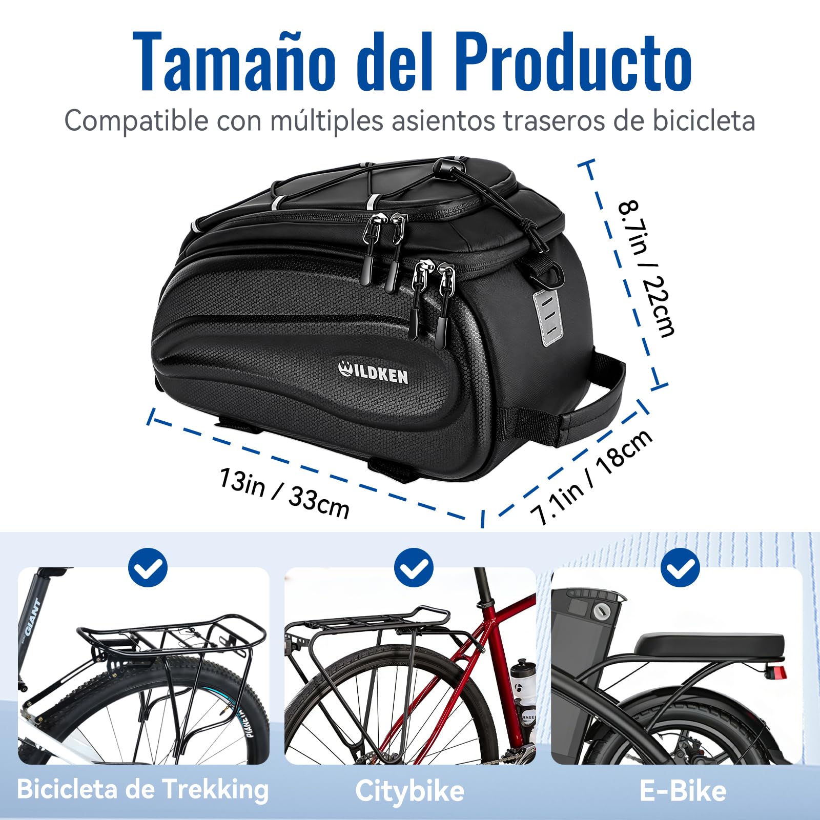 WILDKEN 12L Bolsa Bicicleta para Portaequipajes, EVA Reflectantes Alforjas Bicicleta Impermeable, con Asa y Correa Negro Bolsa para Bicicletas, Bolsa Trasera Bicicletas para Bicicletas MTB Carretera