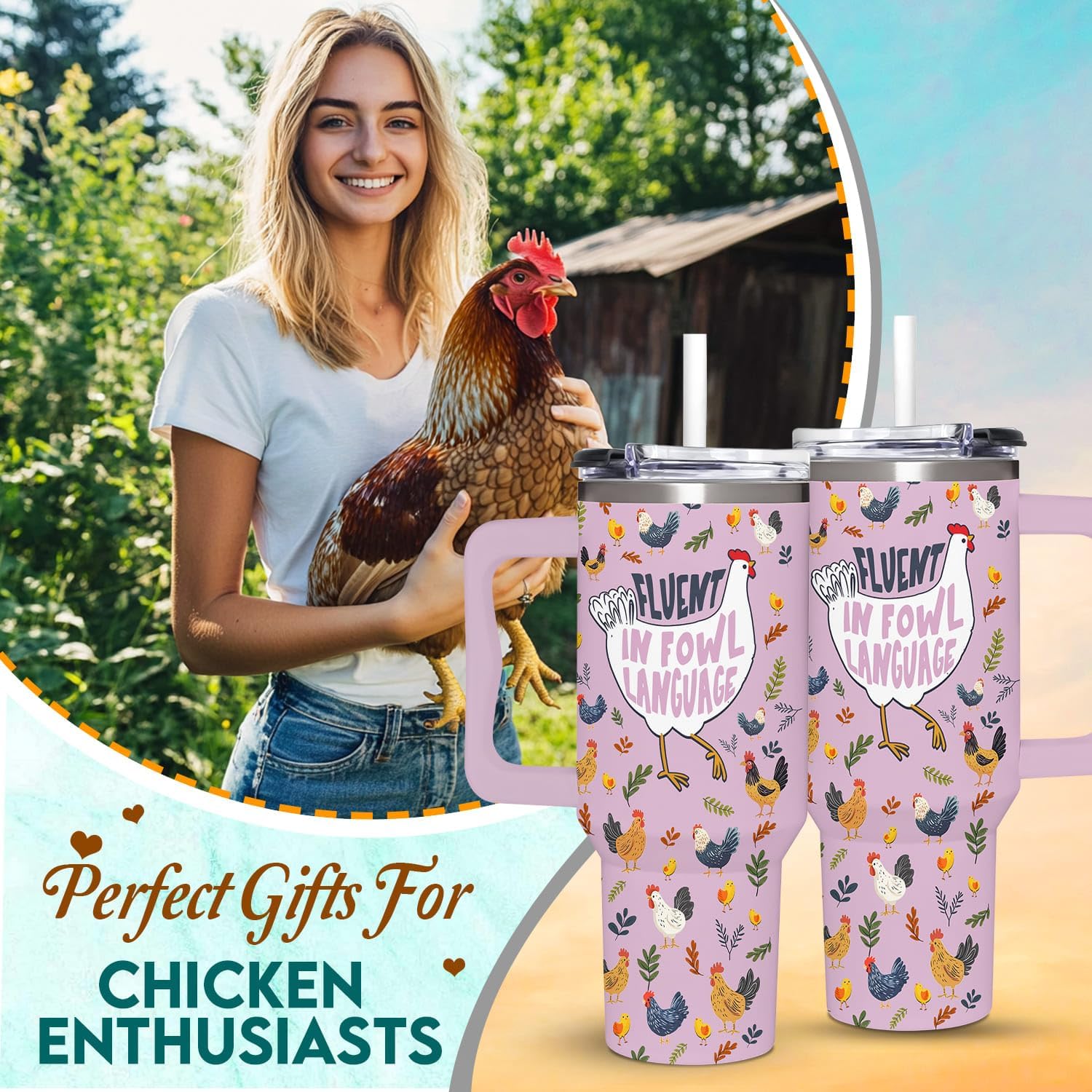 Chicken Gifts for Women - Christmas, Birthday, Mothers Day Gifts Idea for Chicken Lovers - Chicken Themed 40oz Tumbler with Handle - Image 2