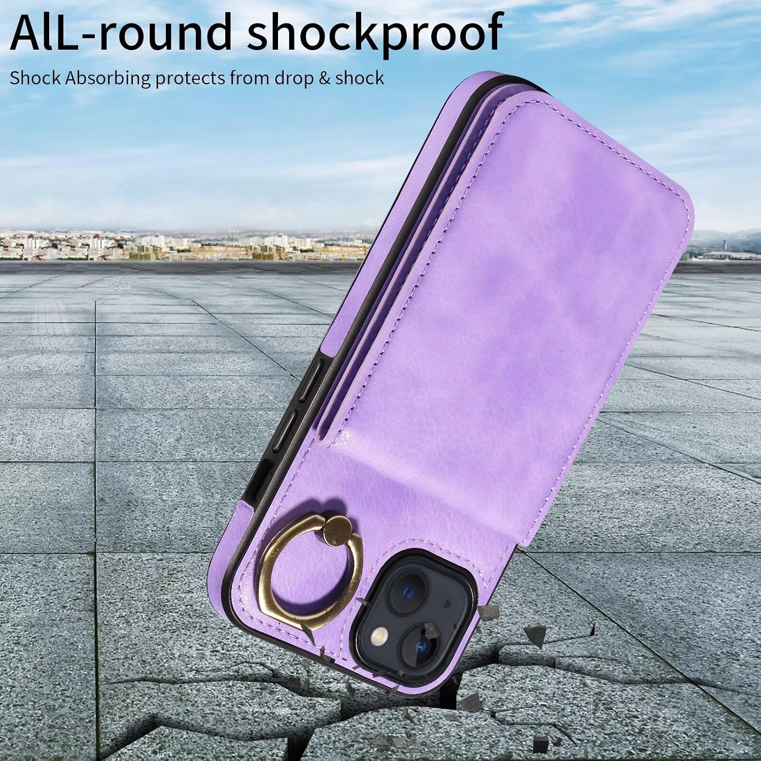 Caseurban Compatible with iPhone 13/14 Wallet Case with Card Holder, Ejector Pin & SIM Card Storage, 360° Rotation Ring PU Leather Kickstand Card Slots Case Shockproof Protective Phone Cover Purple