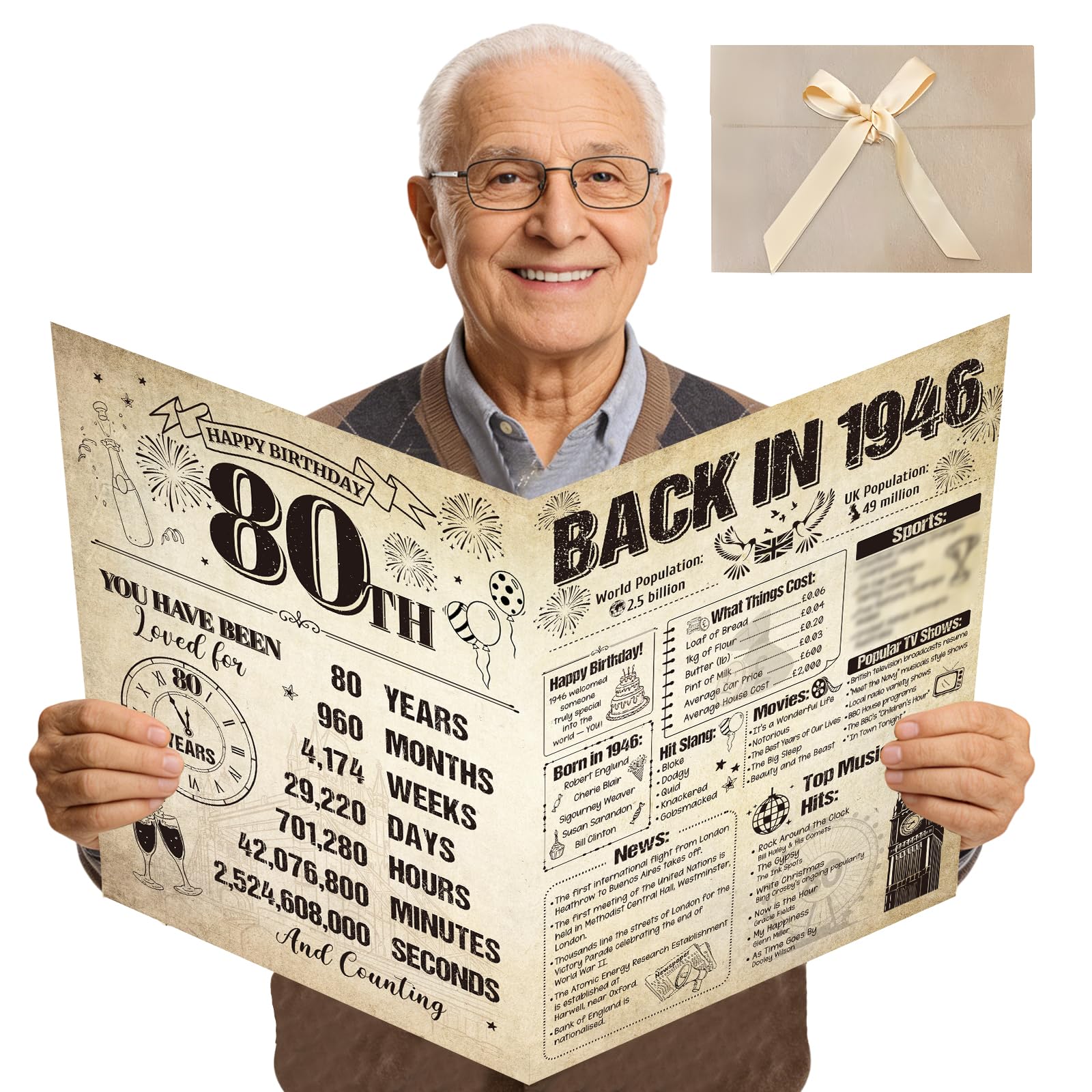 Eiapadeor 80th Birthday Card for Men Women - Large Vintage Back in 1946 80th Birthday Card with Envelope Cheers to 80 Years Jumbo Guest Book Birthdays Gift for Women Men 80 Year Old Party Decorations