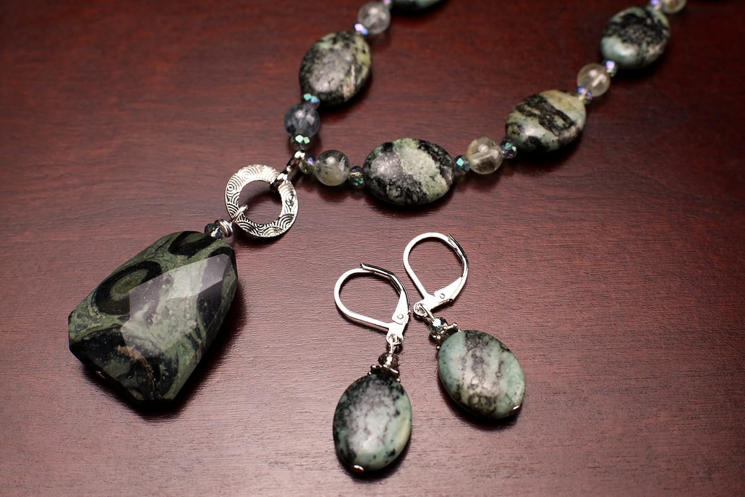 Natural Kambaba Jasper Twisted 22x30mm Pendant with African Turquoise 12x15mm Oval and Aquamarine Round Spacers 19" + 2" Extension Necklace, Earrings Jewelry Set