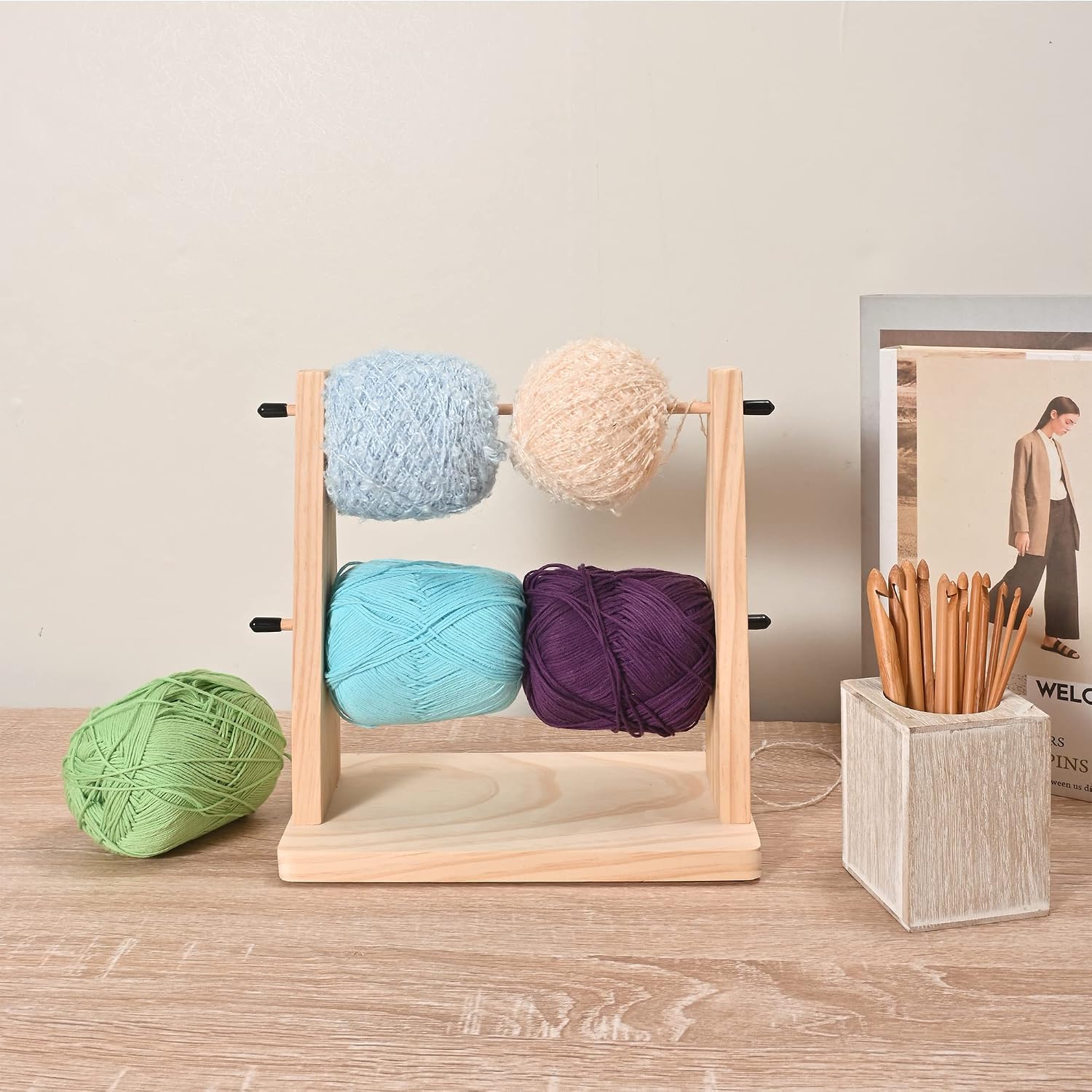 Sparkle Race Wooden Yarn Holder, Double Revolving Storage for Knitting & Crochet Supplies, Horizontal Wood Ball Holder With 12 Bamboo Hooks