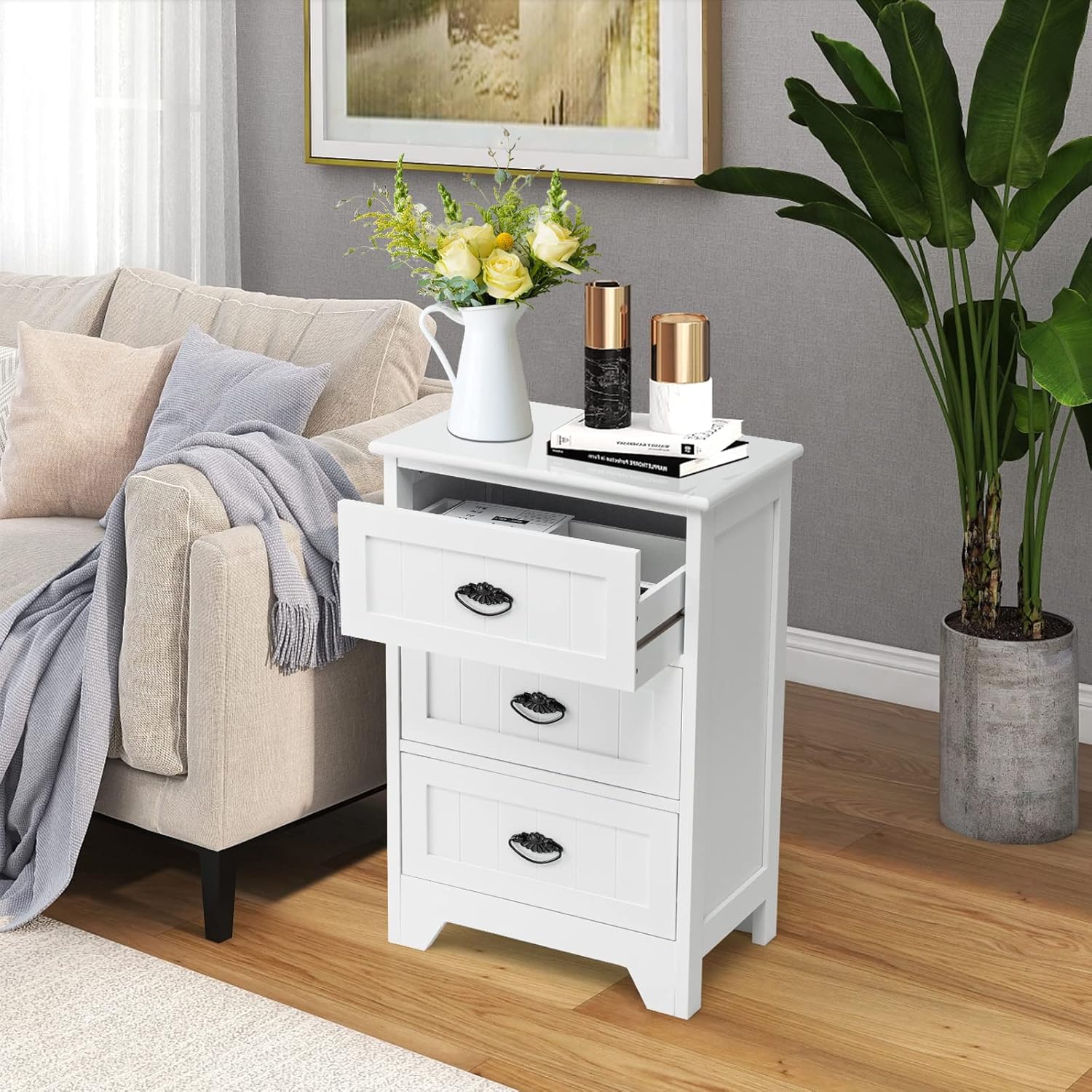 COSTWAY 3 Drawers End Table Nightstand Bedroom Storage Wood Slide White