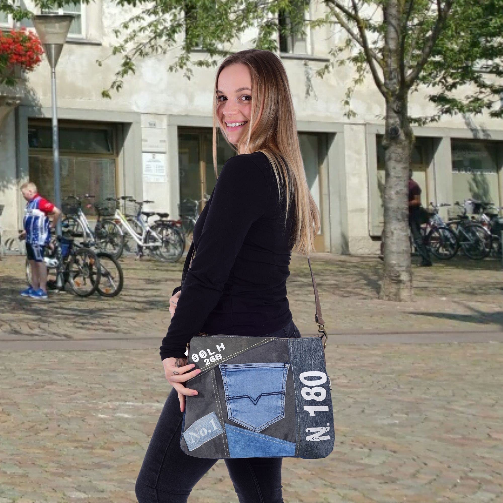 Sunsa Damen Umhängetasche, Tasche aus Recycelte Jeans & Canvas schwarz/Blau