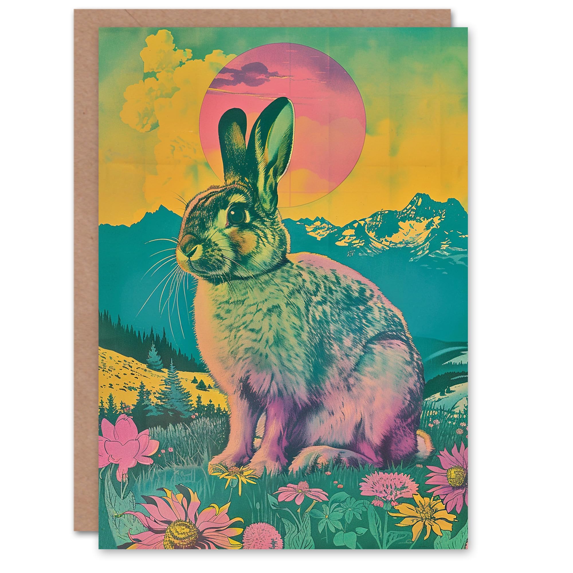 Artery8 Birthday Card Bunny Psychedelic Colour Gradient Meadow For Her Gran Sister Niece Daughter Wife Woman Greeting Card