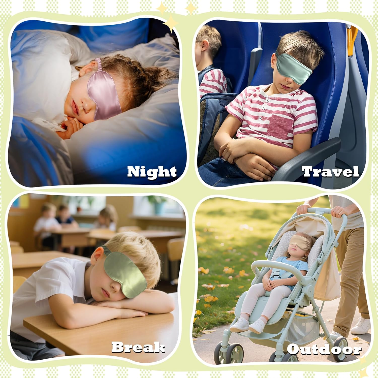 SilkDream 100% Mulberry Silk Sleep Mask for Kids Eye Mask for Sleeping 22 Momme 6A Real Silk 4t-12Y Gifts for Kids Green