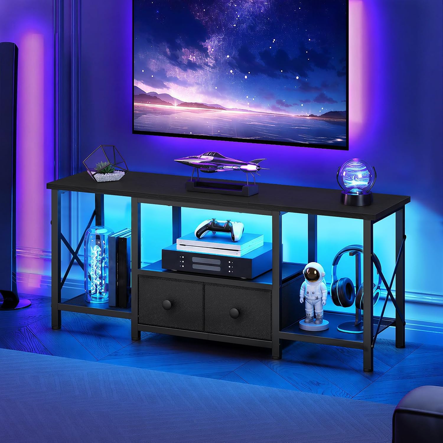 TV Stand with LED Lights, Entertainment Center with 2 Fabric Drawers | Small Media TV Console Table for TVs up to 50 Inches, TV Stands with Mesh Shelves for Living Room, Bedroom, Black