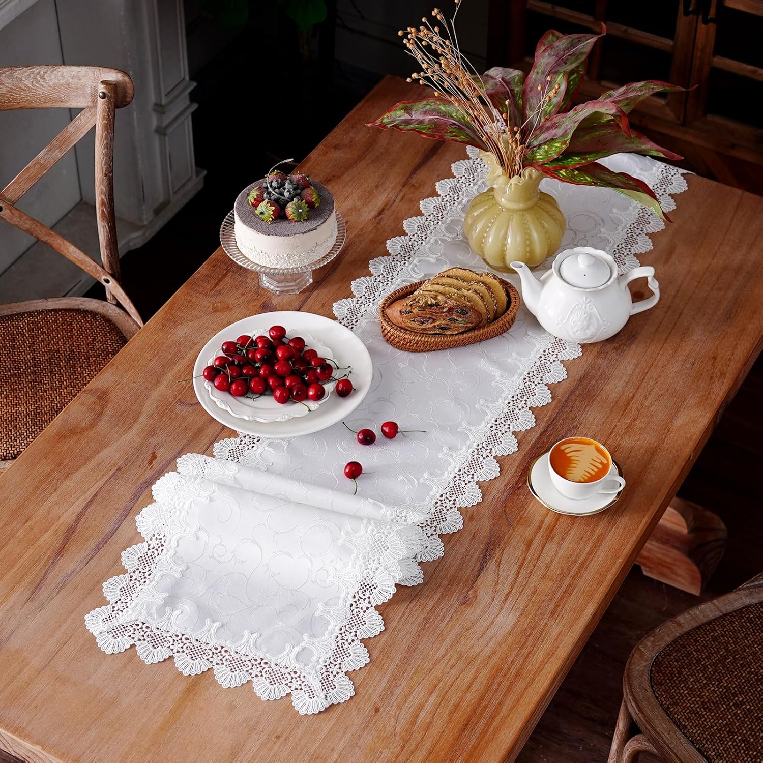 Lace Table Runner White Jacquard Dresser Scarf Farmhouse Rustic Runners for Christmas Wedding Coffee Outdoor Indoor Party Holiday Tabletop Use (White, 14 x 120 Inches)