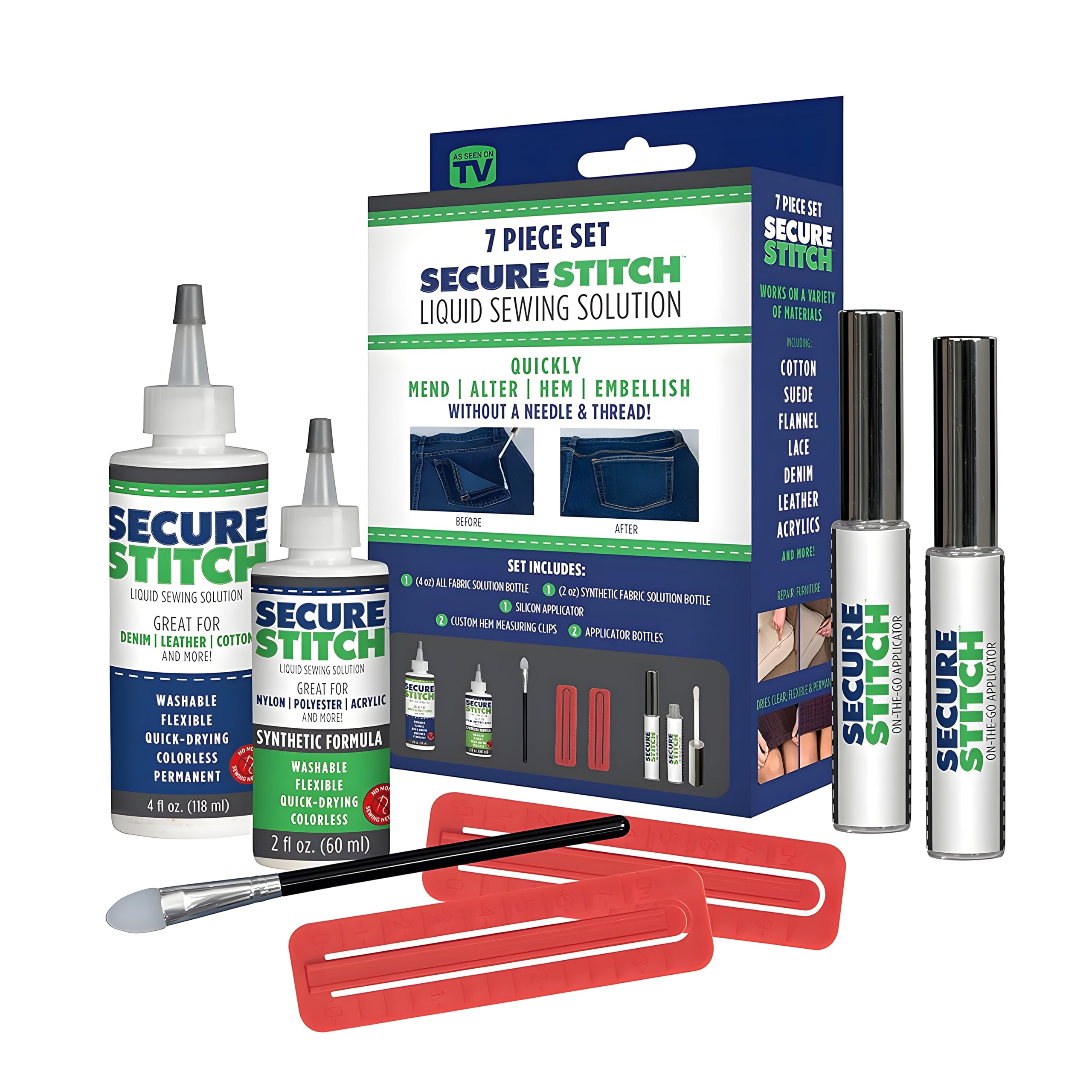 Secure Stitch Liquid Sewing Solution Kit – Instant Fabric Repair Liquid for Clothing, Upholstery, and Crafts – Textile Adhesive Glue for DIY Fixes, Seam Sealing, and Permanent Fabric Bonding
